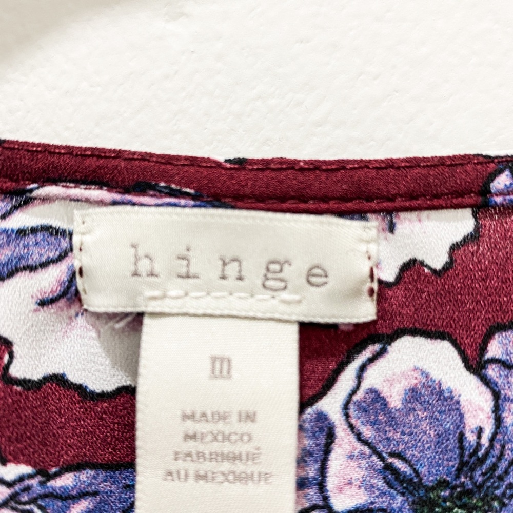 HINGE Maroon Floral Print V-Neck Blouse - Picture 9 of 14
